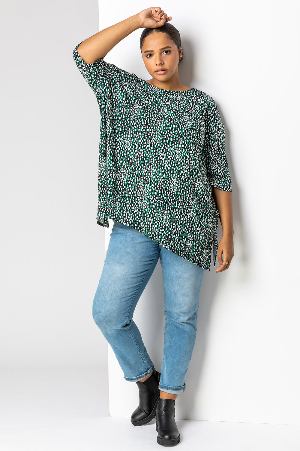 Green Curve Abstract Spot Print Tunic Top, Image 3 of 4