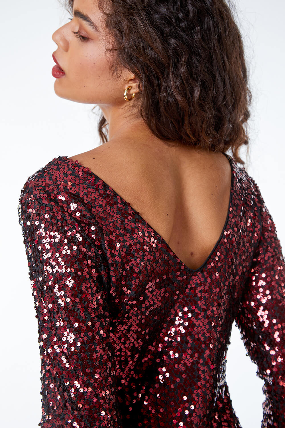 Burgundy Ruched Waist Sequin Dress, Image 5 of 5