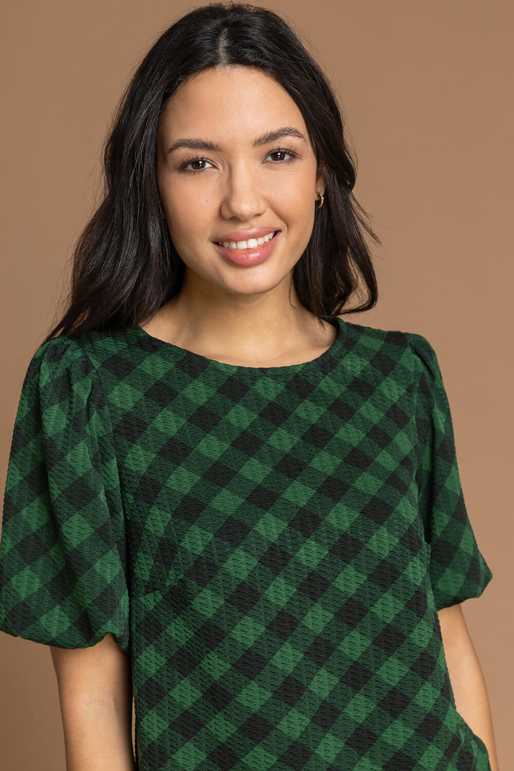 Green Check Print Puff Sleeve Top, Image 4 of 4