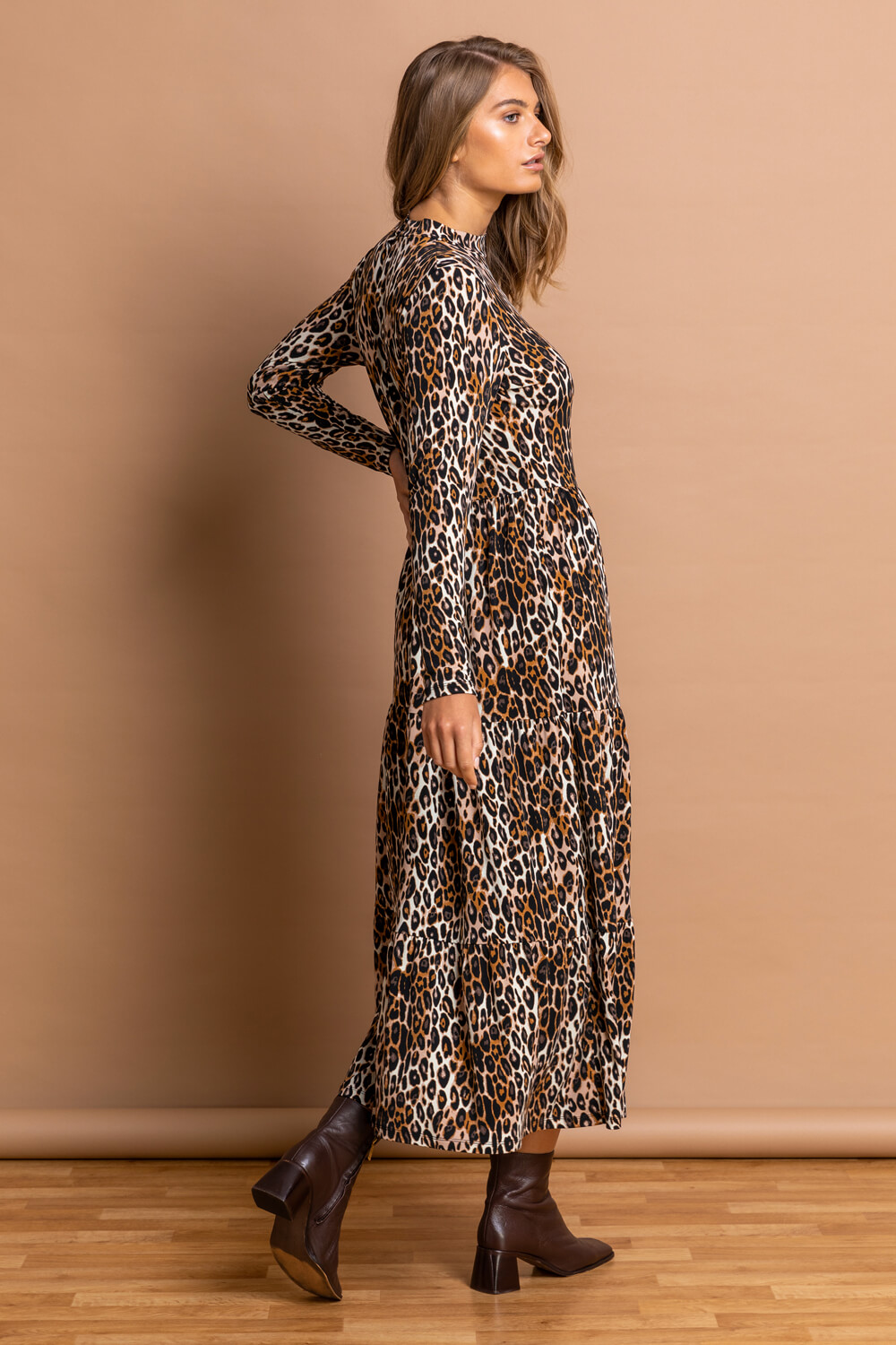 Camel  High Neck Leopard Print Midi Dress, Image 2 of 5