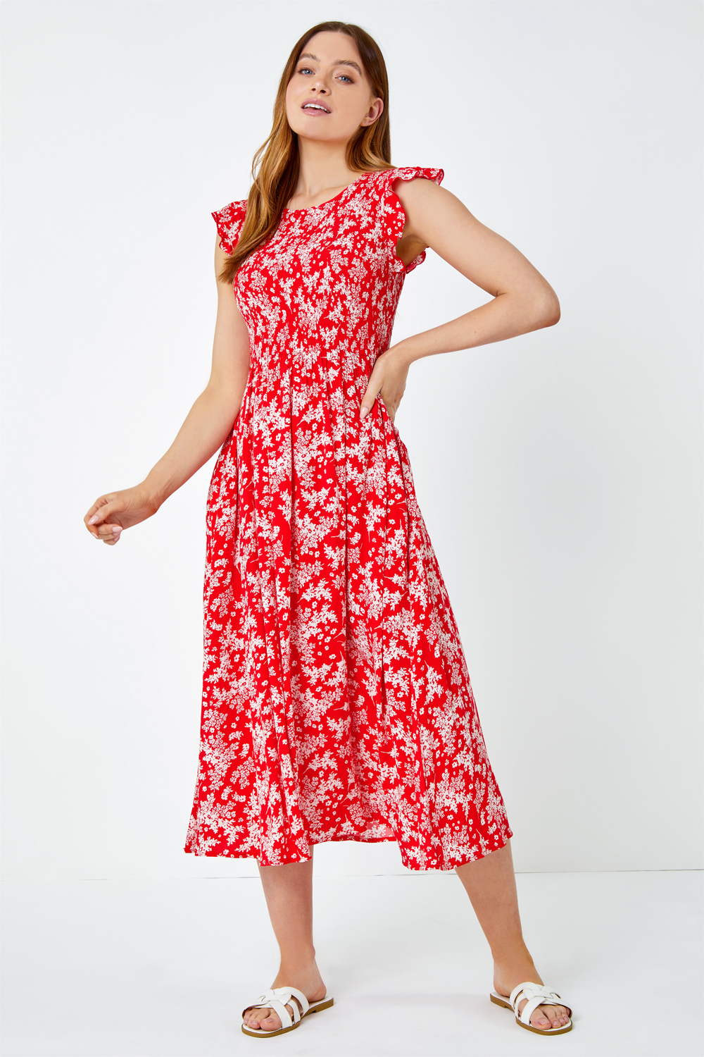 Red Floral Print Shirred Midi Dress, Image 2 of 5