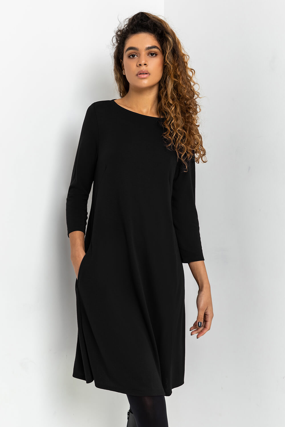 Black A-Line Pocket Detail Swing Dress, Image 2 of 5