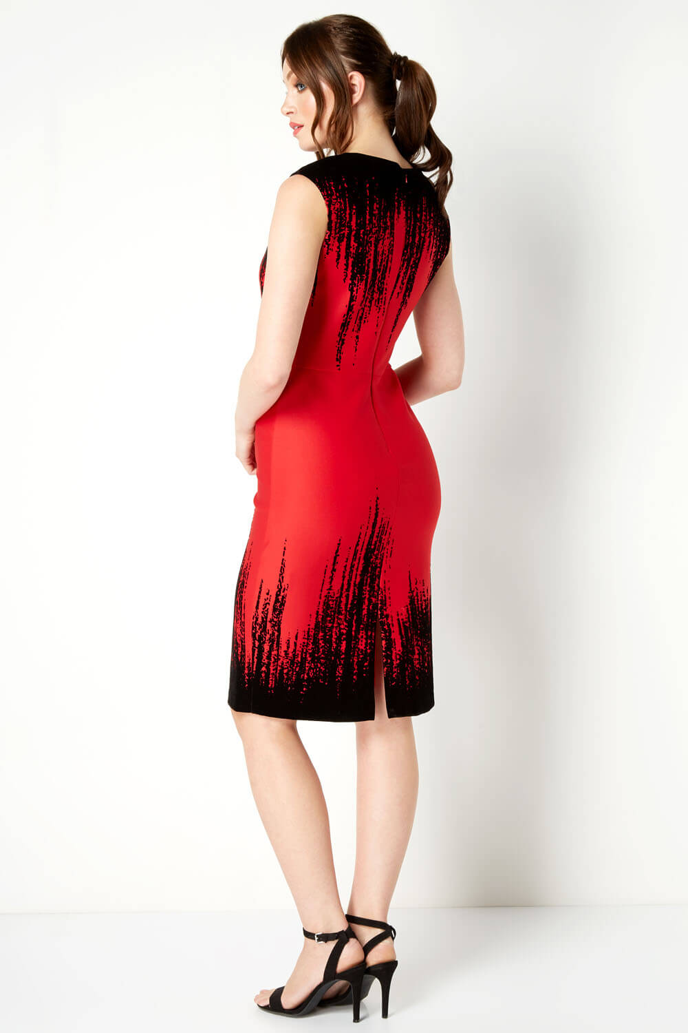 Red Flocking Detail Dress, Image 3 of 4