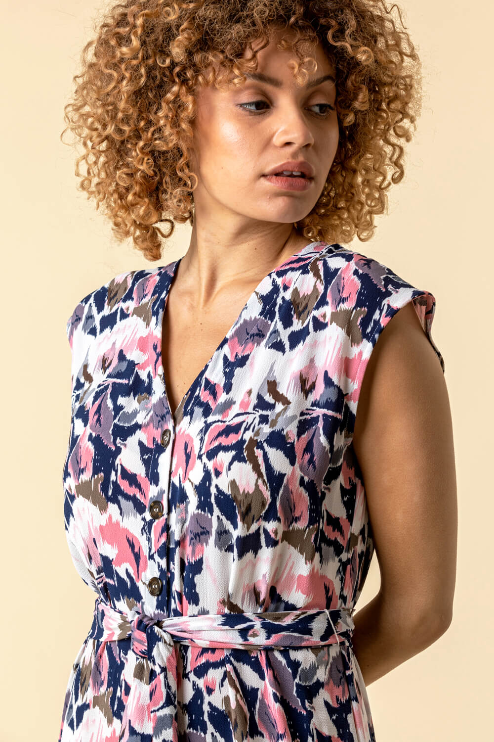Abstract Floral Print Button Down Dress