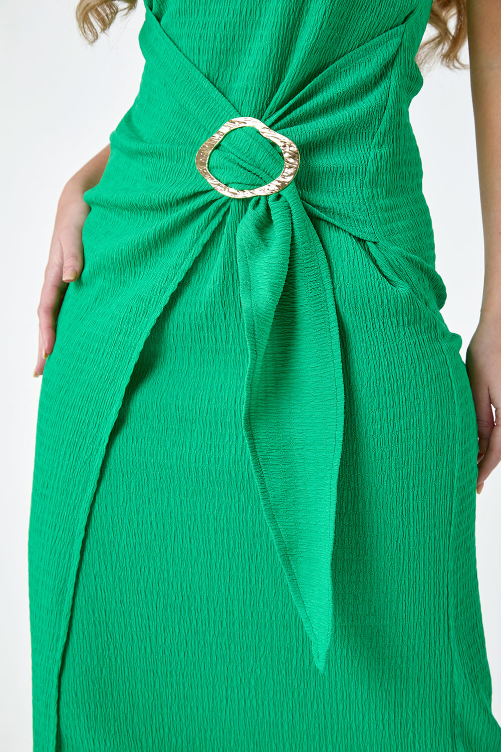 Green Petite Textured Buckle Wrap Dress, Image 5 of 5