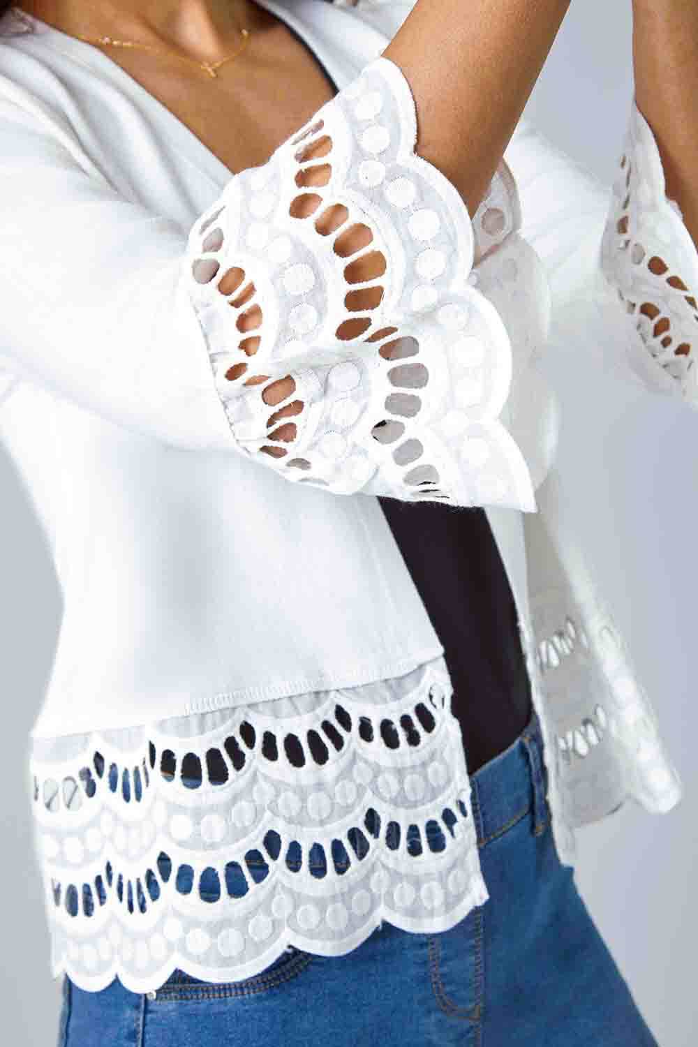 Ivory  Broderie Lace Trim Knit Shrug, Image 5 of 5