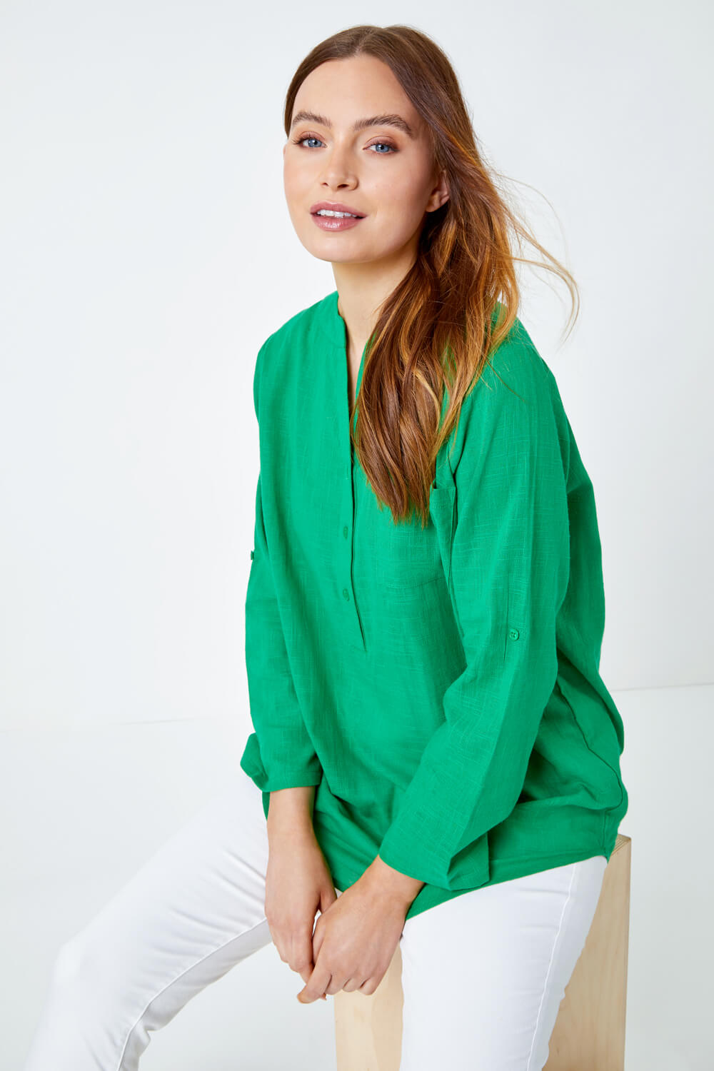 Green Button Detail Cotton Overshirt, Image 2 of 5