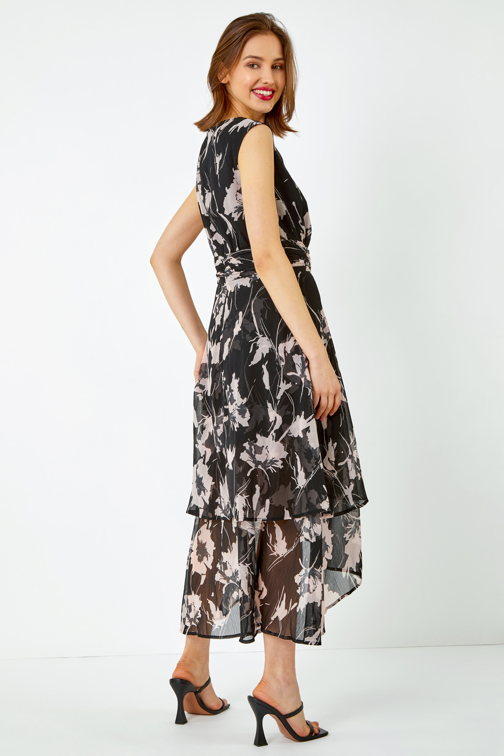 Black Embellished Floral Print Tiered Midi Dress, Image 3 of 5