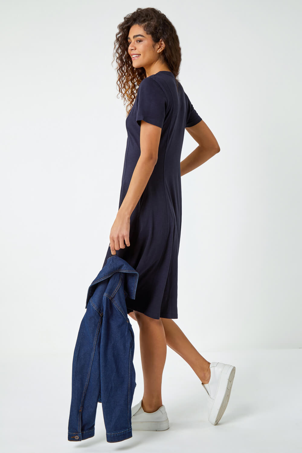 Navy  Fit & Flare Cotton Midi Dress, Image 3 of 5