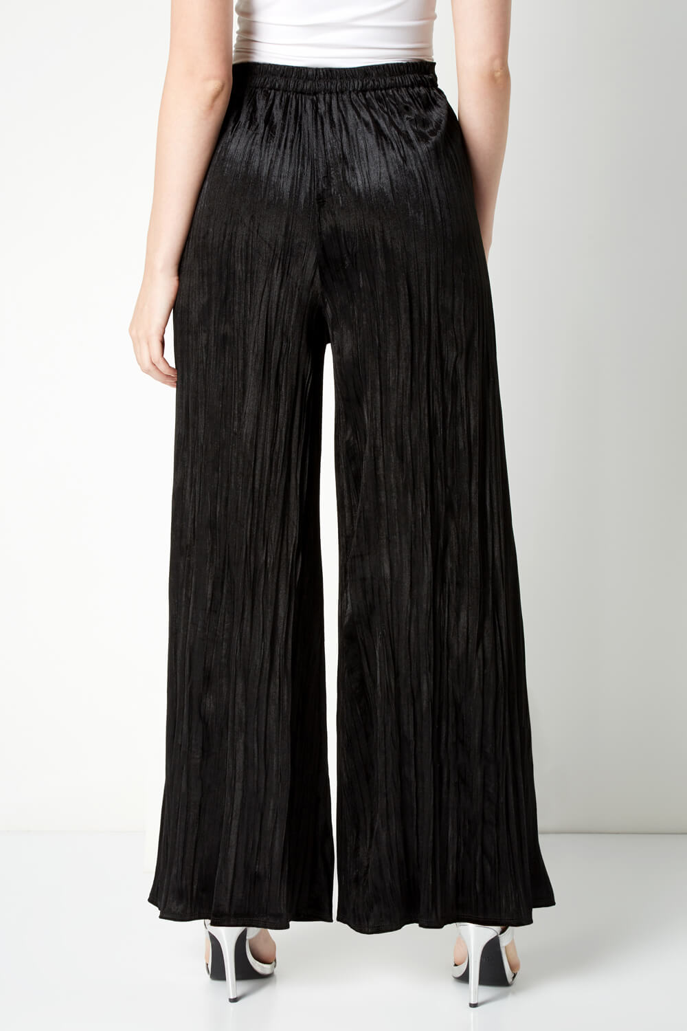 Black Crushed Velour Palazzo Trousers, Image 2 of 4