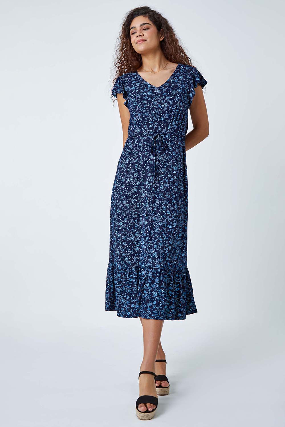 Blue Floral Print Frill Midi Stretch Dress | Roman UK