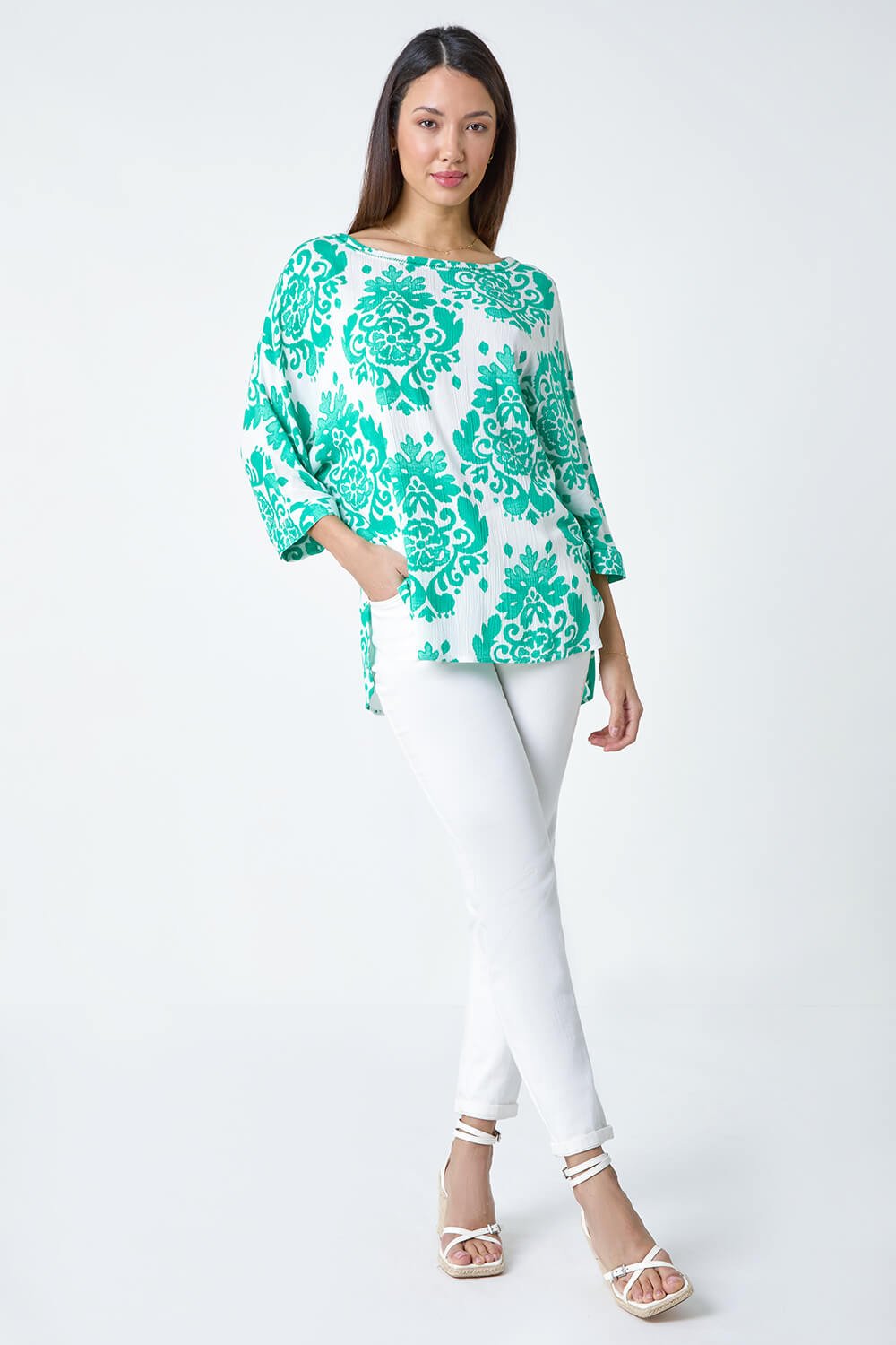 Green Textured Paisley Print Tunic Top, Image 2 of 5