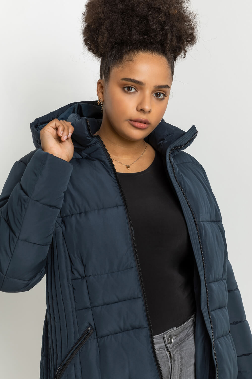 Navy  Curve Longline Quilted Coat with Hood, Image 4 of 5
