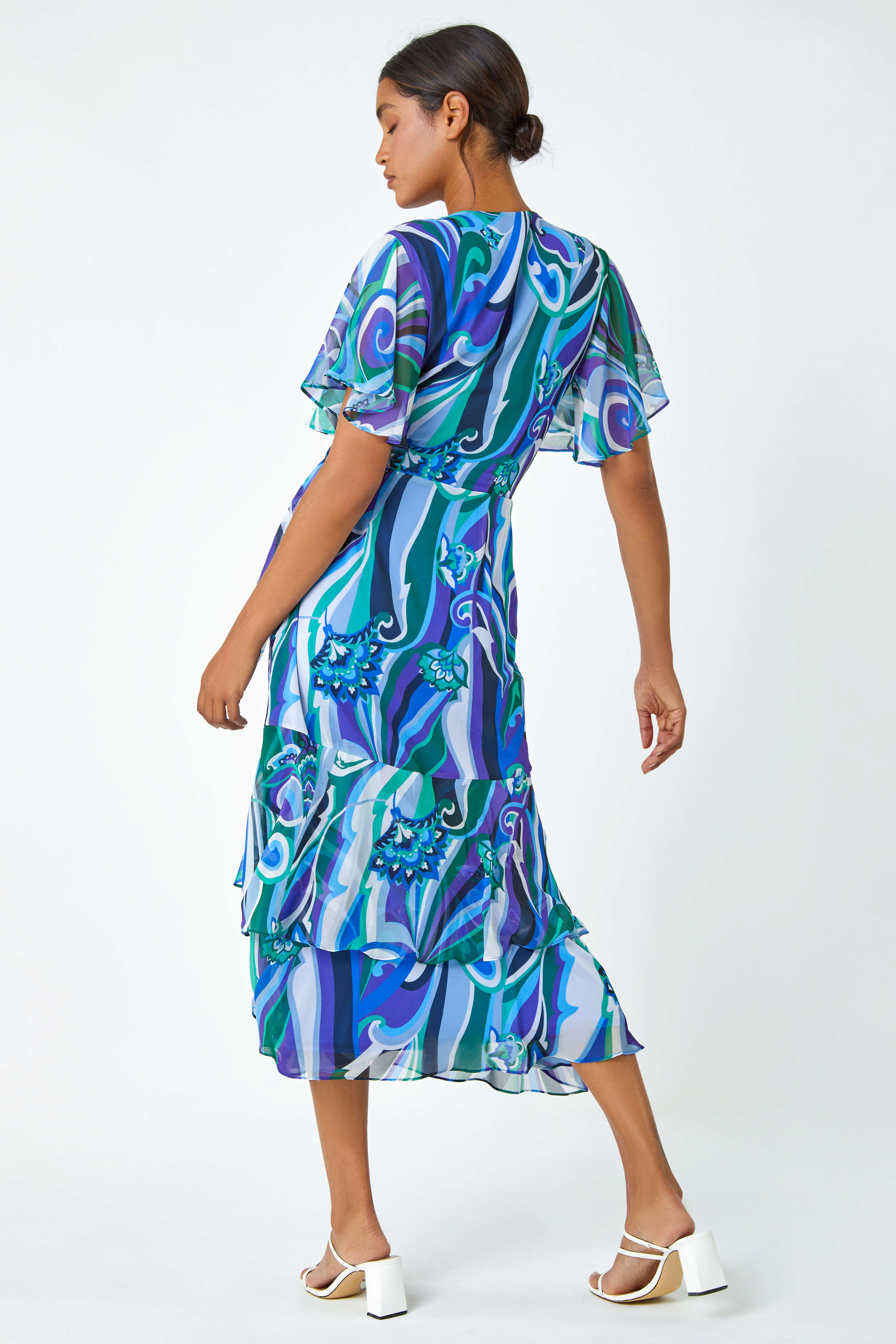 Blue Floral Swirl Print Tiered Midi Wrap Dress, Image 3 of 5