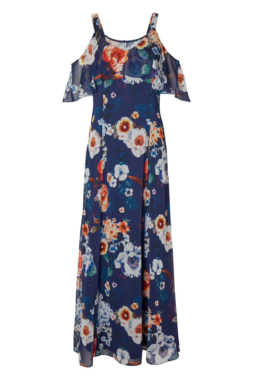 Floral Cold Shoulder Chiffon Maxi Dress in Navy - Roman Originals UK