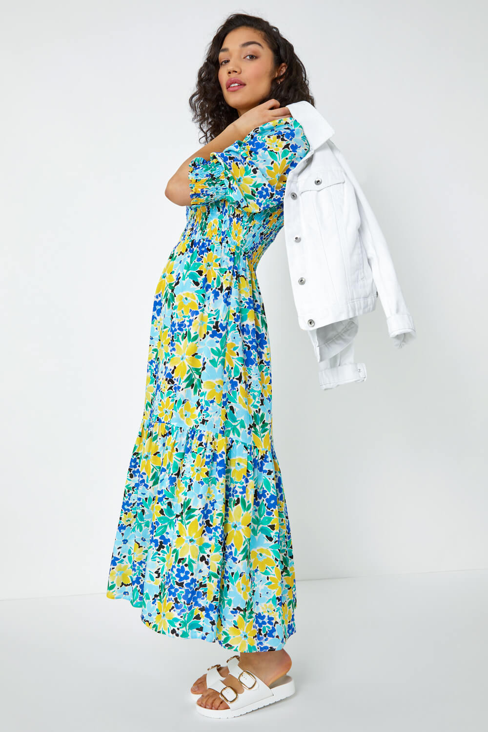 Floral Stretch Shirred Midi Dress