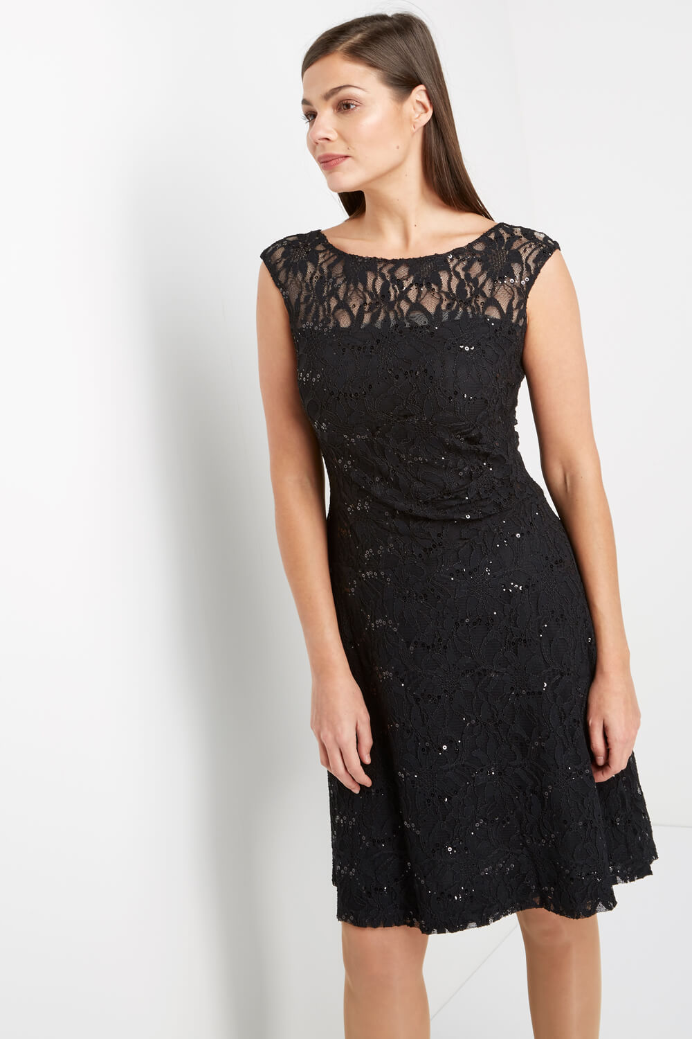 black sequin fit and flare dress