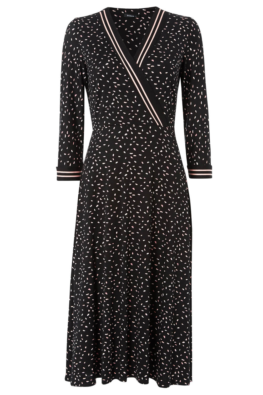 Black Contrast Stripe Ditsy Print Midi Dress, Image 5 of 5