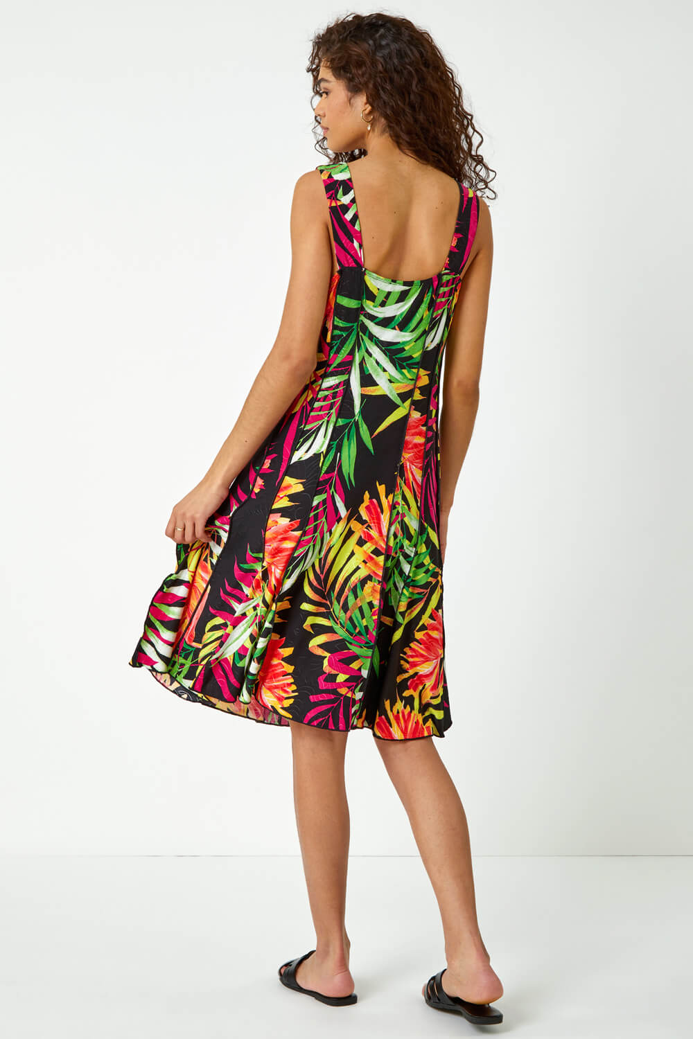Black Tropical Print Panel Dress, Image 3 of 6