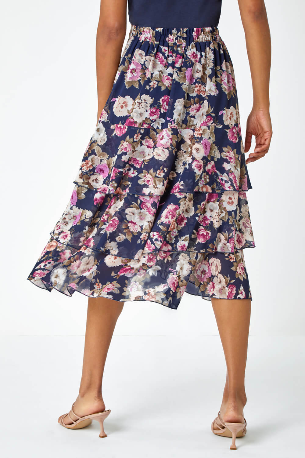 Navy  Floral Print Tiered Stretch Skirt, Image 3 of 5