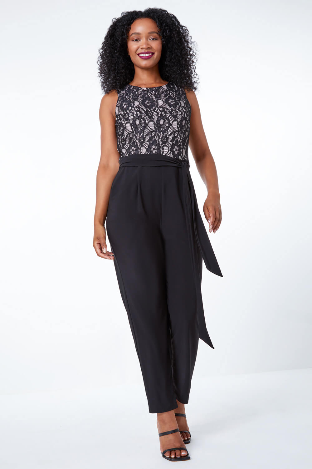 Black Petite Lace Belted Stretch Jumpsuit, Image 2 of 5