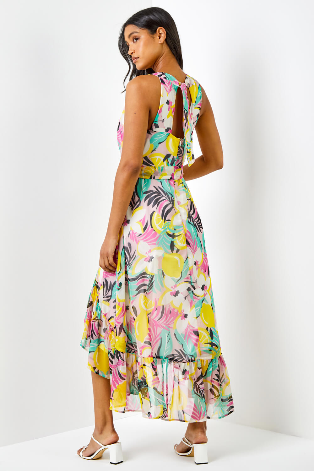Halter Neck Tropical Print Dress in Pink - Roman Originals UK