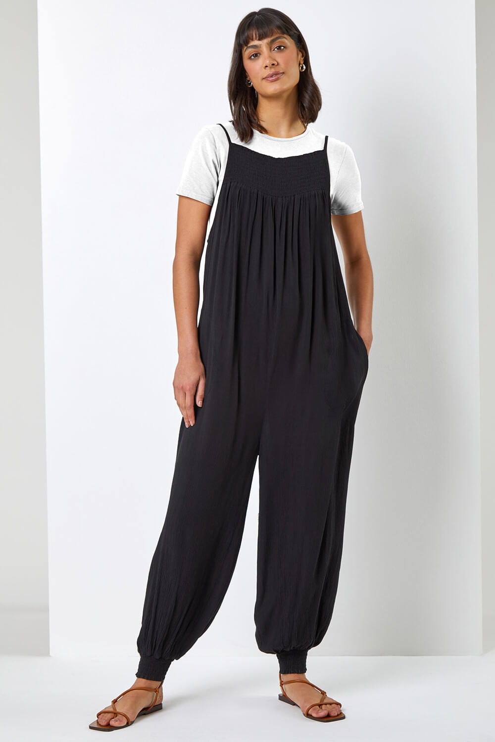 Black Strappy Full Length Shirred Jumpsuit, Image 3 of 5