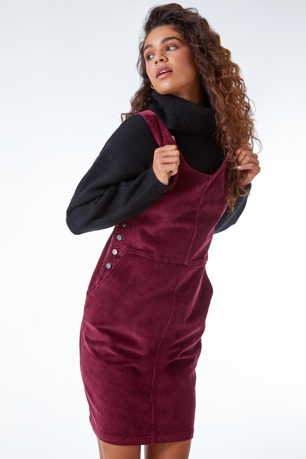 Wine Button Corduroy Pinafore Dress, Image 4 of 5