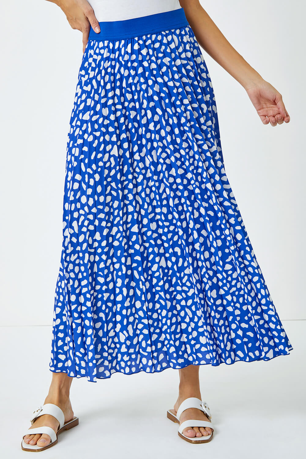 Royal Blue Abstract Spot Pleated Midi Skirt, Image 2 of 5