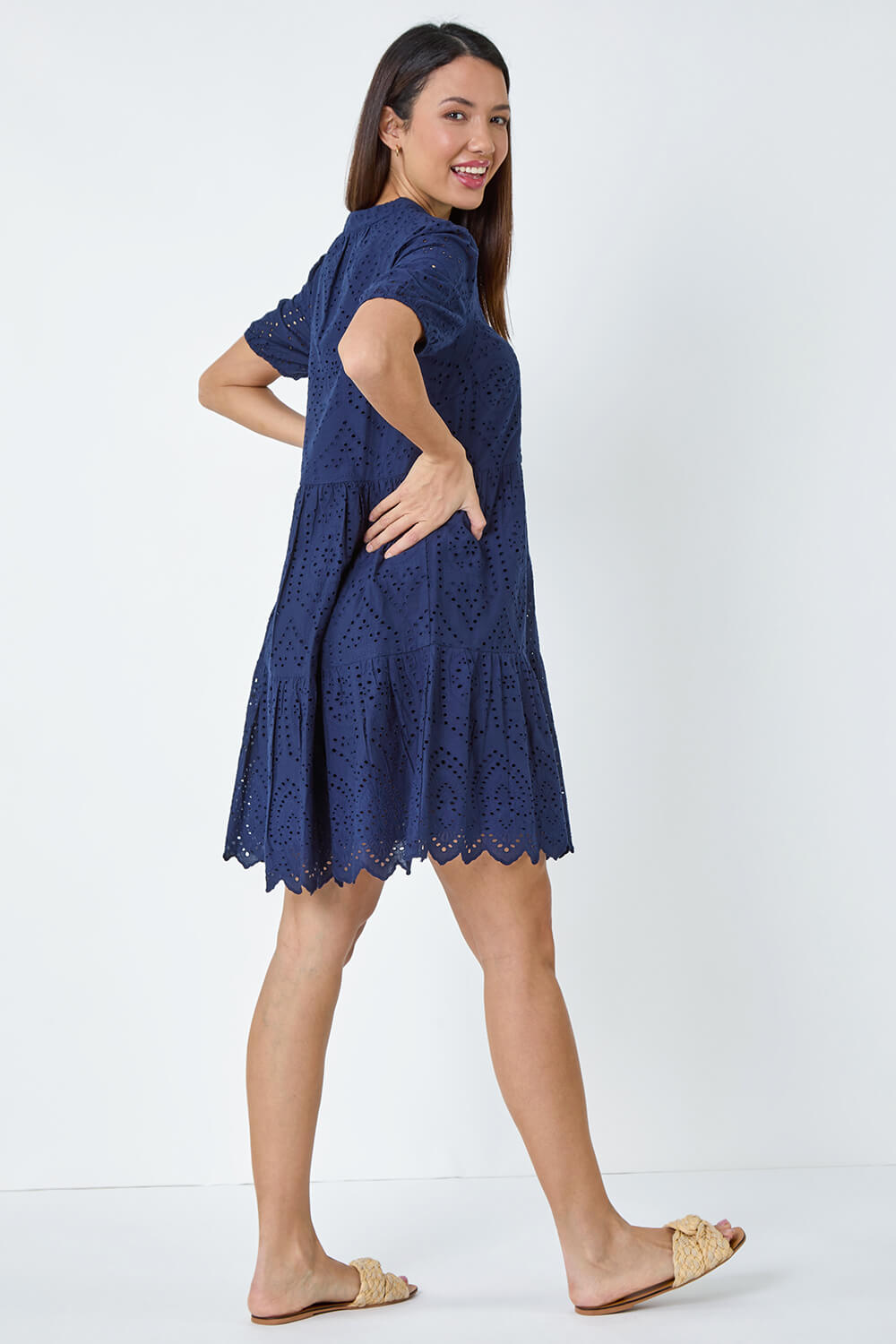 Navy  Embroidered Tiered Cotton Smock Dress, Image 3 of 5