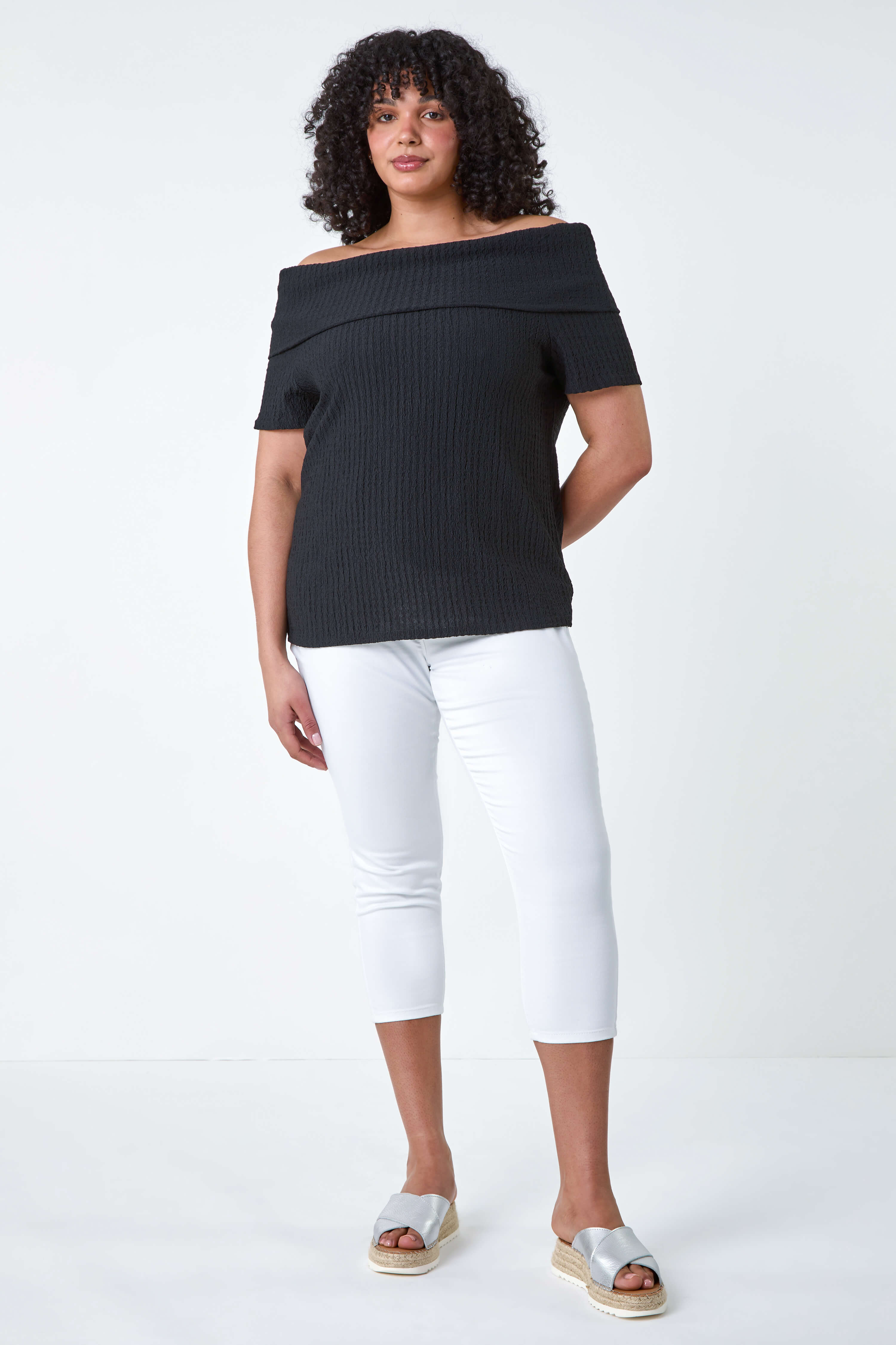 Black Curve Textured Stretch Bardot Top, Image 2 of 5