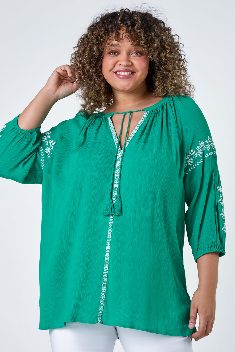 Turquoise Curve Tie Neck Embroidered Smock Top, Image 4 of 5