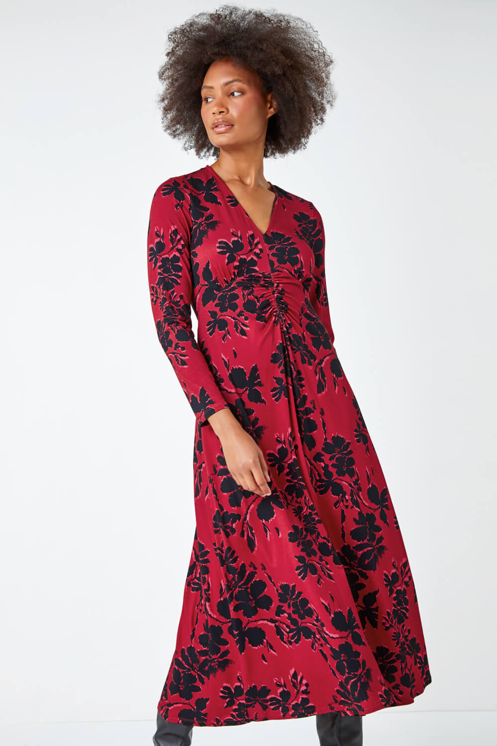 Red Floral Print Ruched Midi Stretch Dress | Roman UK