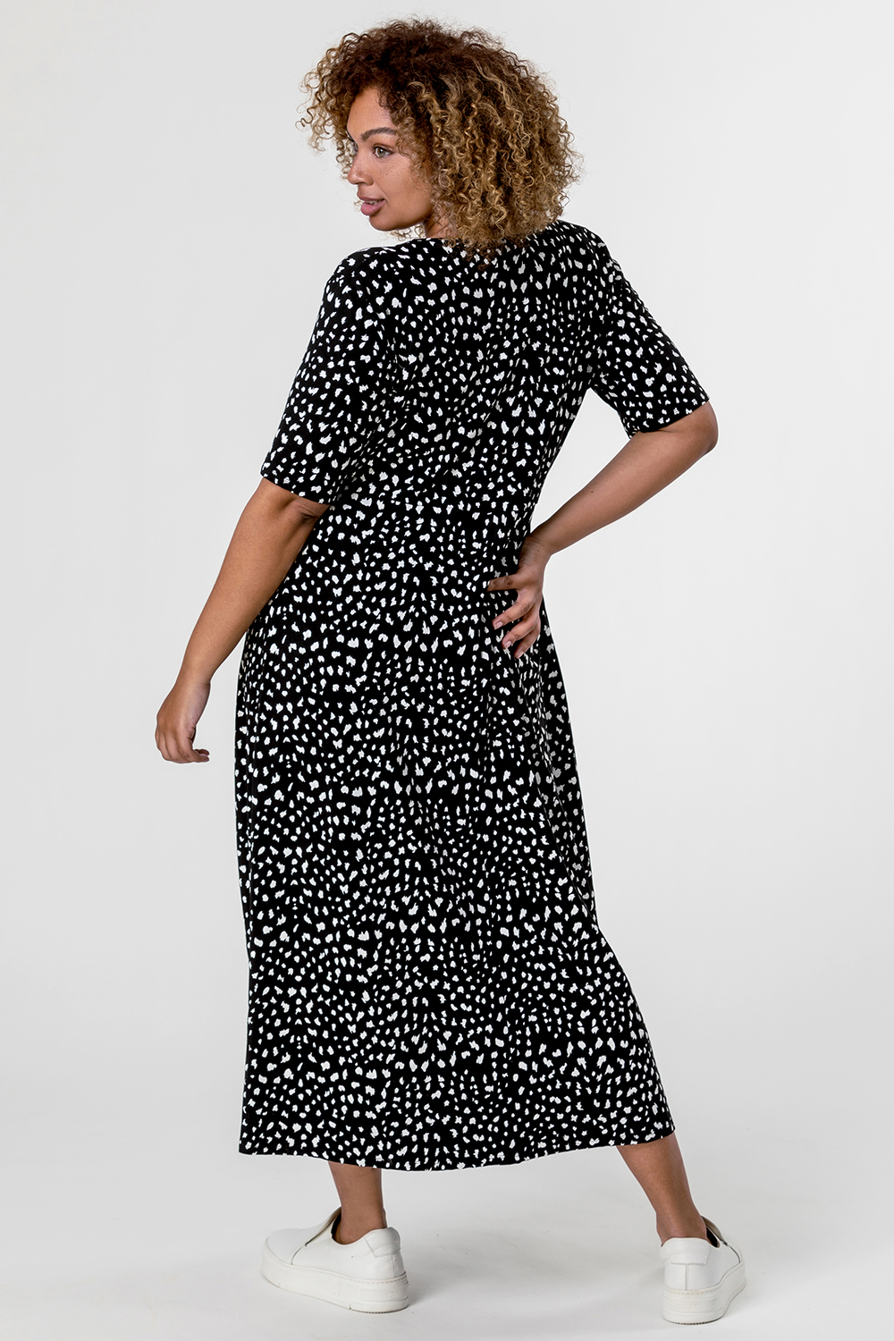 Black Curve Ditsy Spot Print Midi Dress, Image 2 of 5
