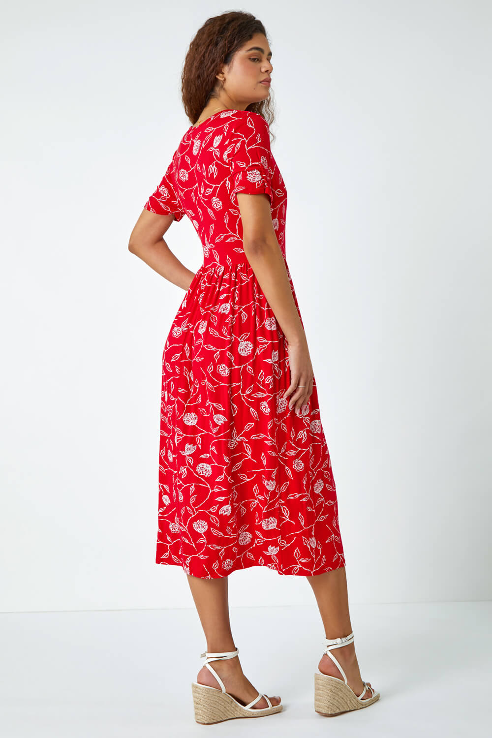 Red Floral Print Midi Wrap Stretch Dress, Image 3 of 5