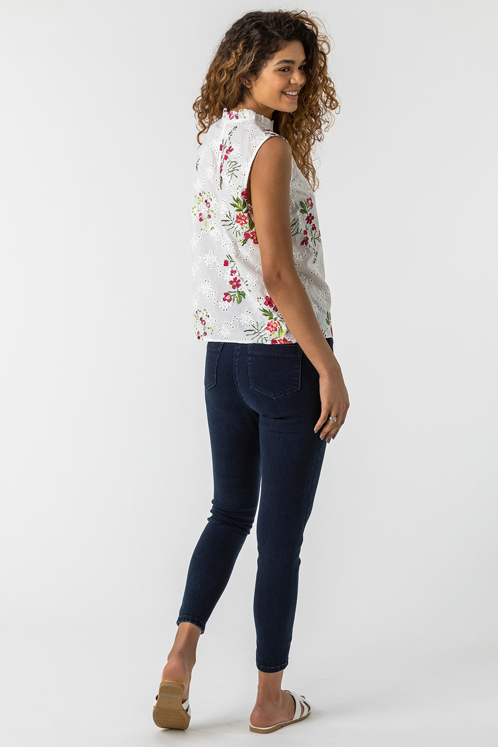 Ivory  Floral Embroidered Frill Neck Top, Image 2 of 4
