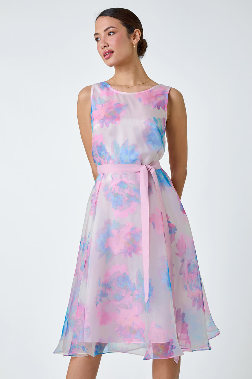 Light Pink Floral Print Organza Fit & Flare Dress, Image 2 of 5