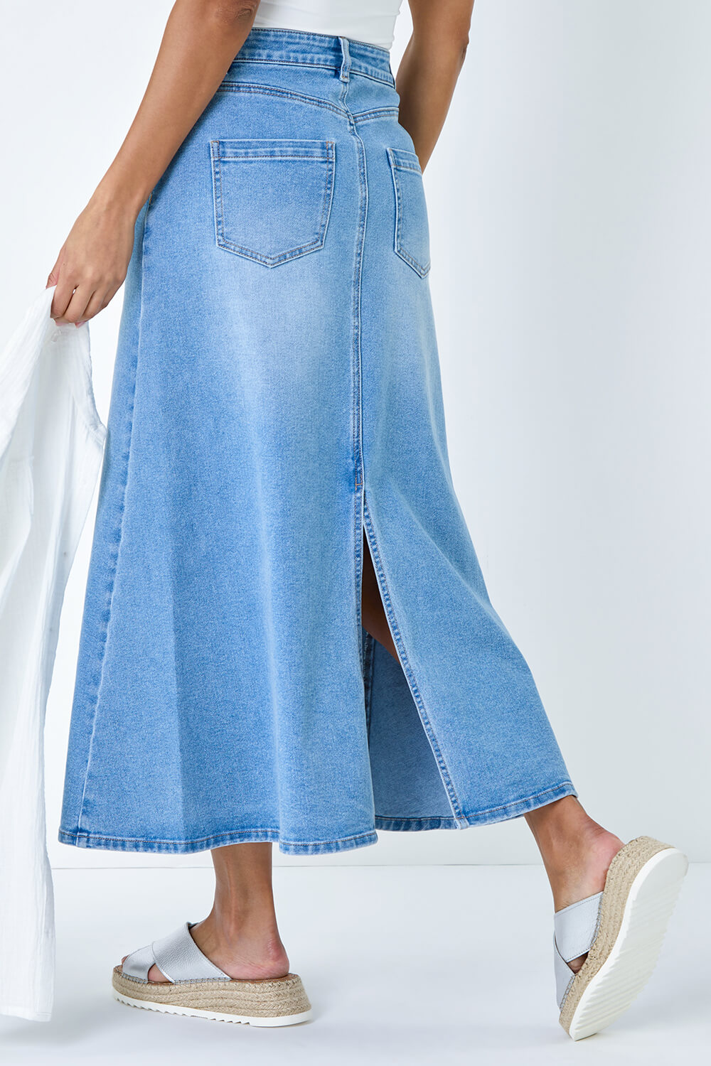 Light Blue  Cotton Blend Denim Maxi Skirt, Image 3 of 5