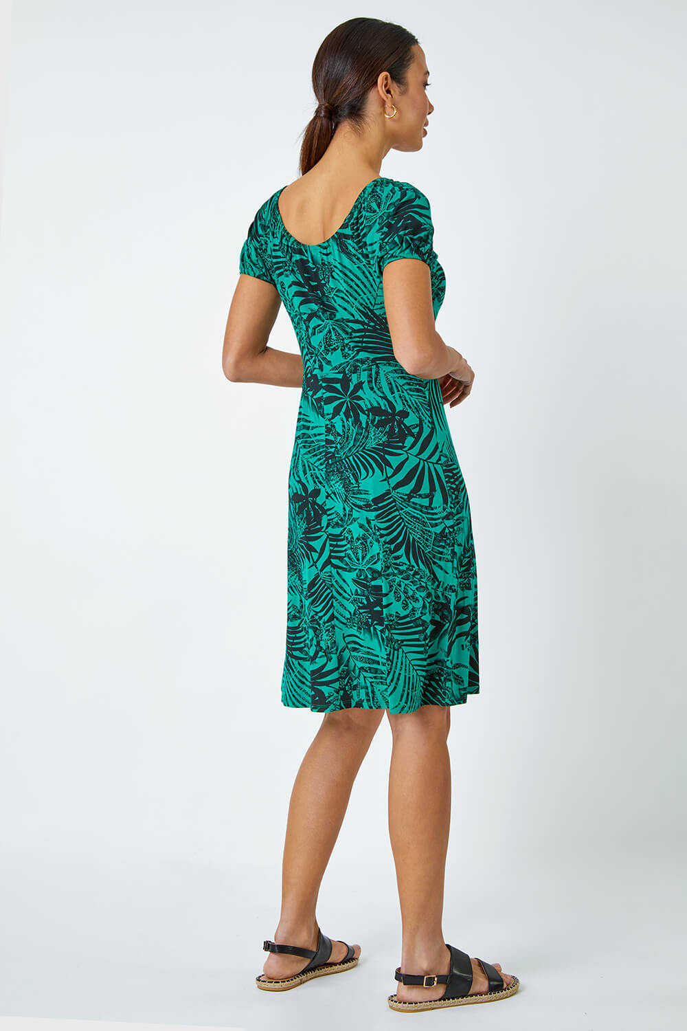 Green Leaf Print Stretch Ruched Dress, Image 3 of 5