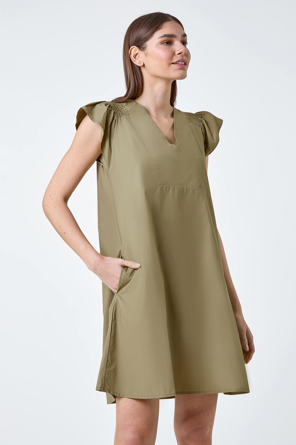 KHAKI Plain Cotton Frill Sleeve Pocket Dress, Image 2 of 5