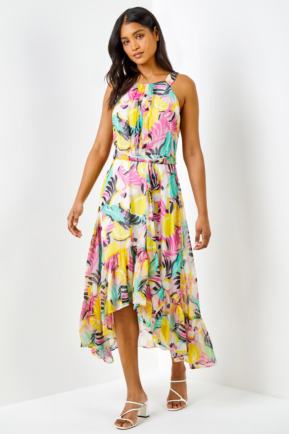 Halter Neck Tropical Print Dress in Pink - Roman Originals UK