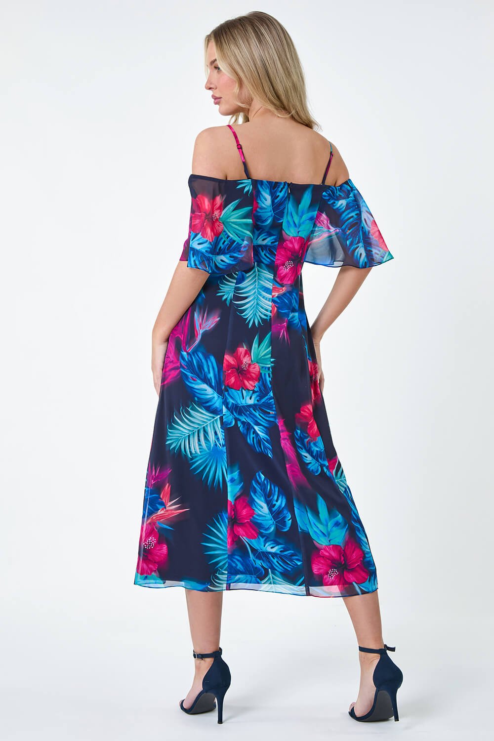 Navy  Petite Tropical Floral Bardot Chiffon Dress, Image 3 of 5