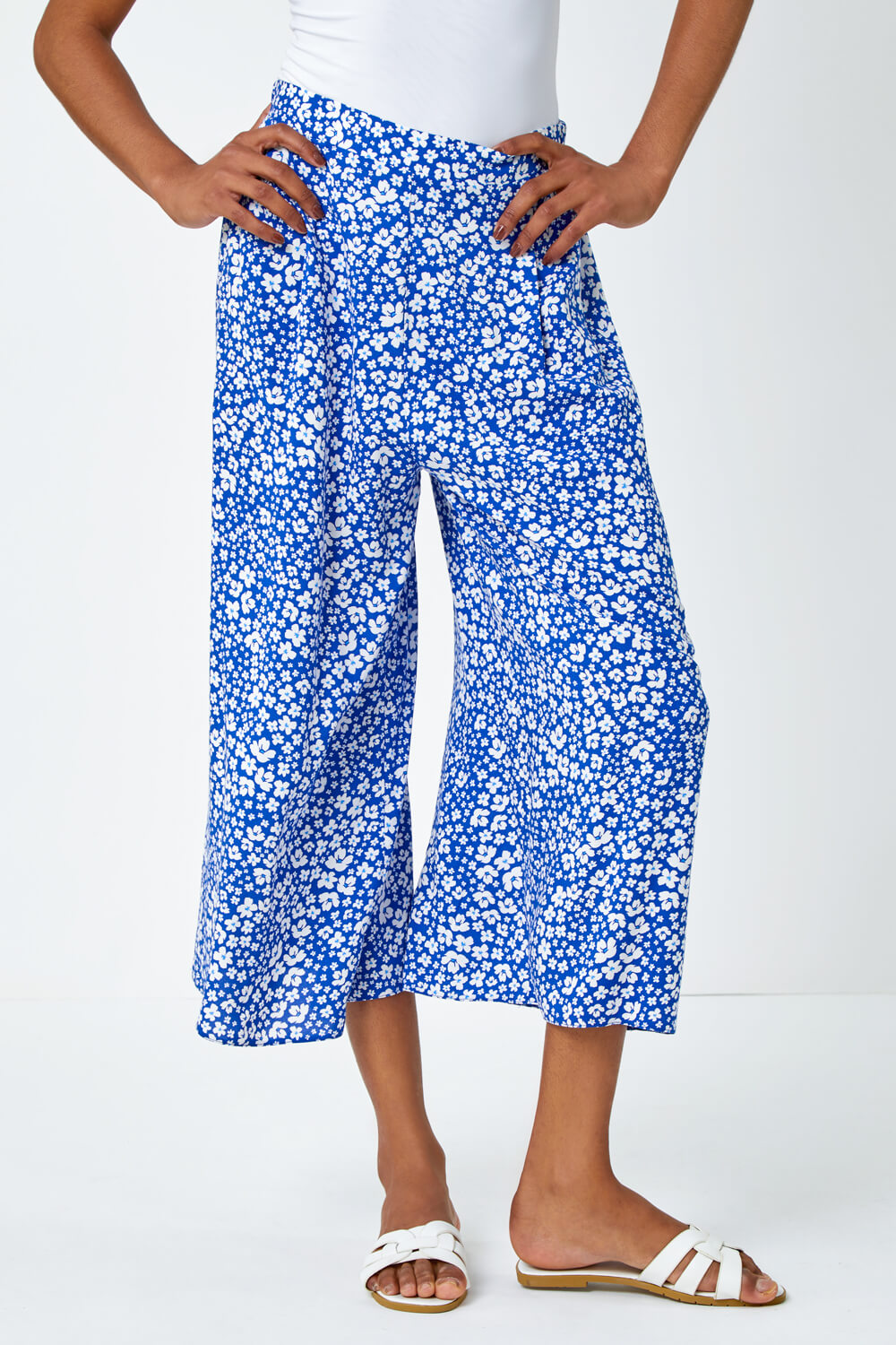 Blue Ditsy Floral Print Culotte Trousers, Image 4 of 5