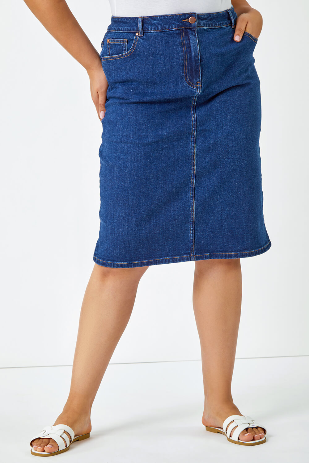 Indigo Curve Cotton A-Line Denim Skirt, Image 4 of 5