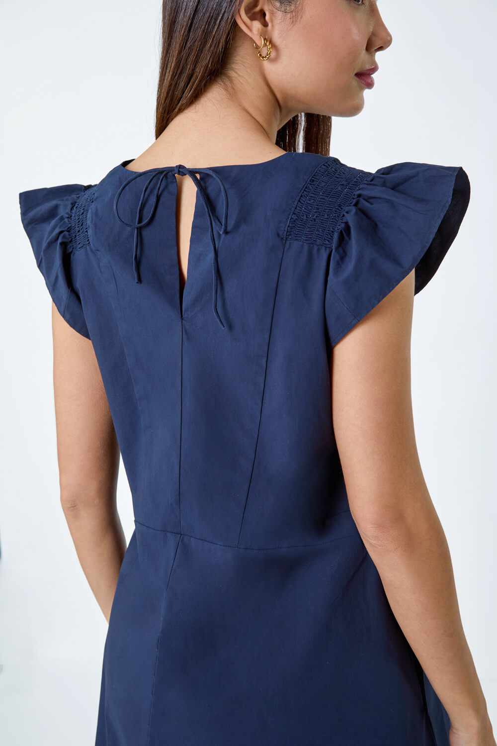 Navy  Plain Cotton Frill Sleeve Pocket Dress, Image 5 of 5