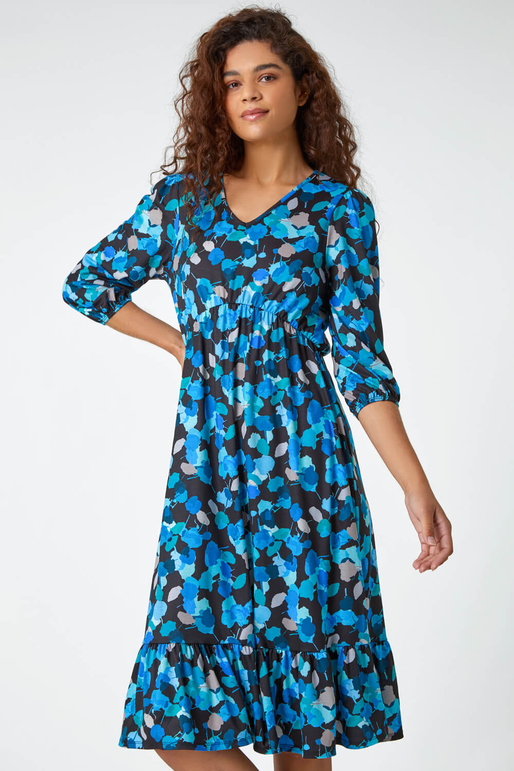 Blue Petal Print Frill Hem Midi Dress, Image 1 of 5
