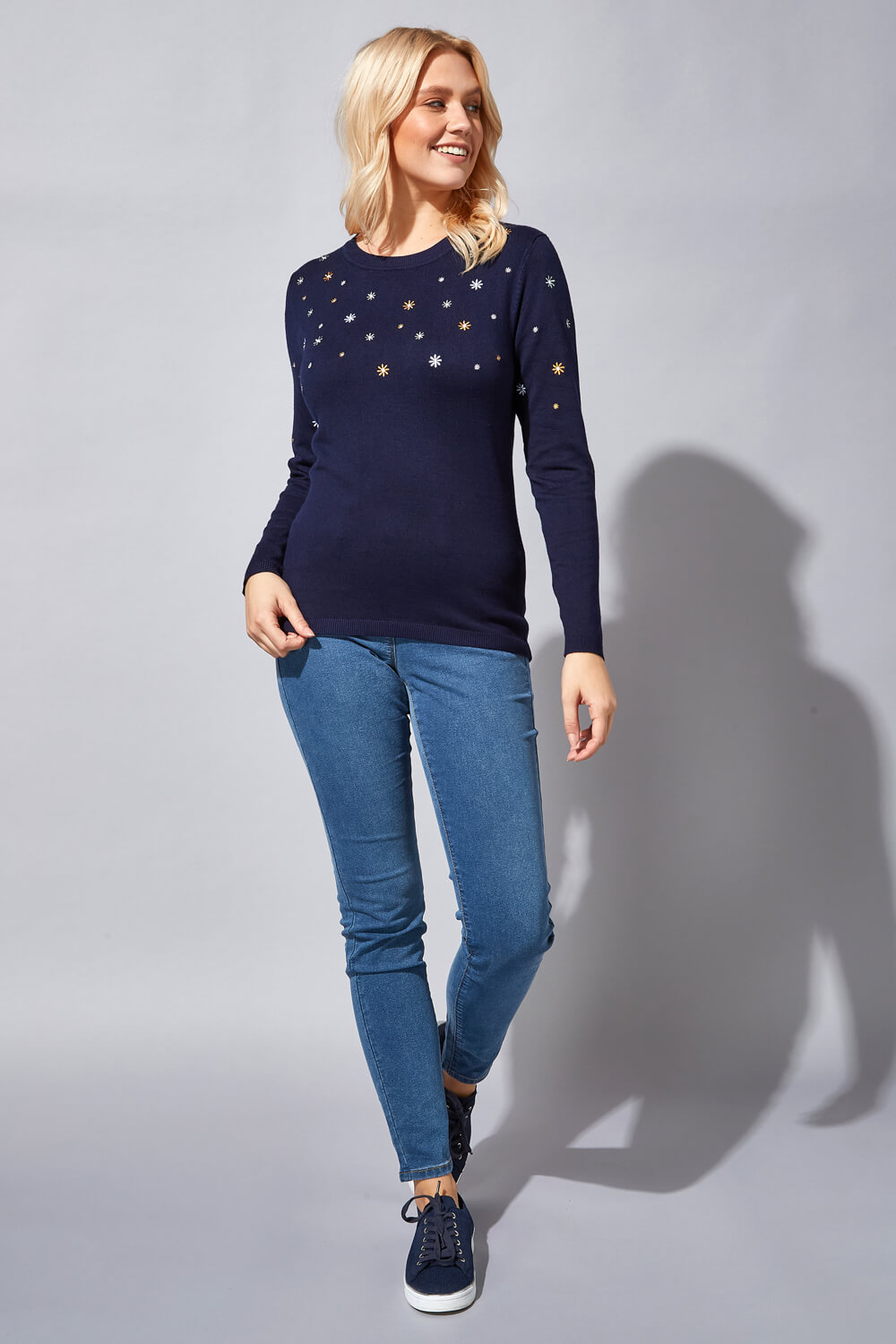 Navy  Daisy Floral Embroidered Jumper, Image 2 of 4