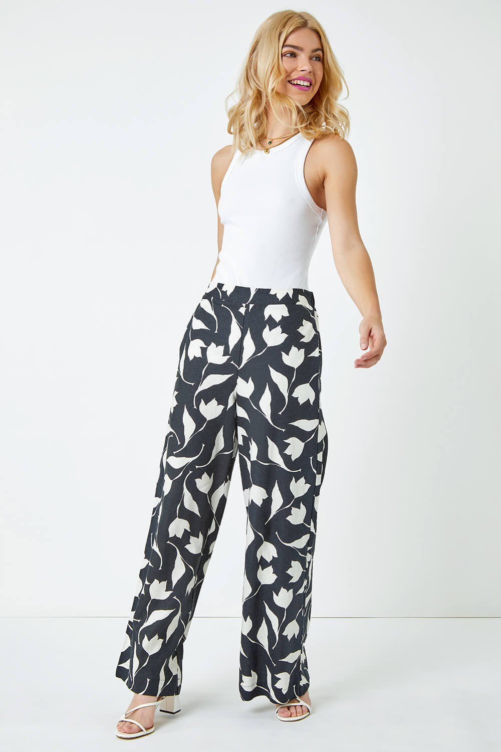 Black Floral Print Wide Leg Trousers, Image 2 of 5