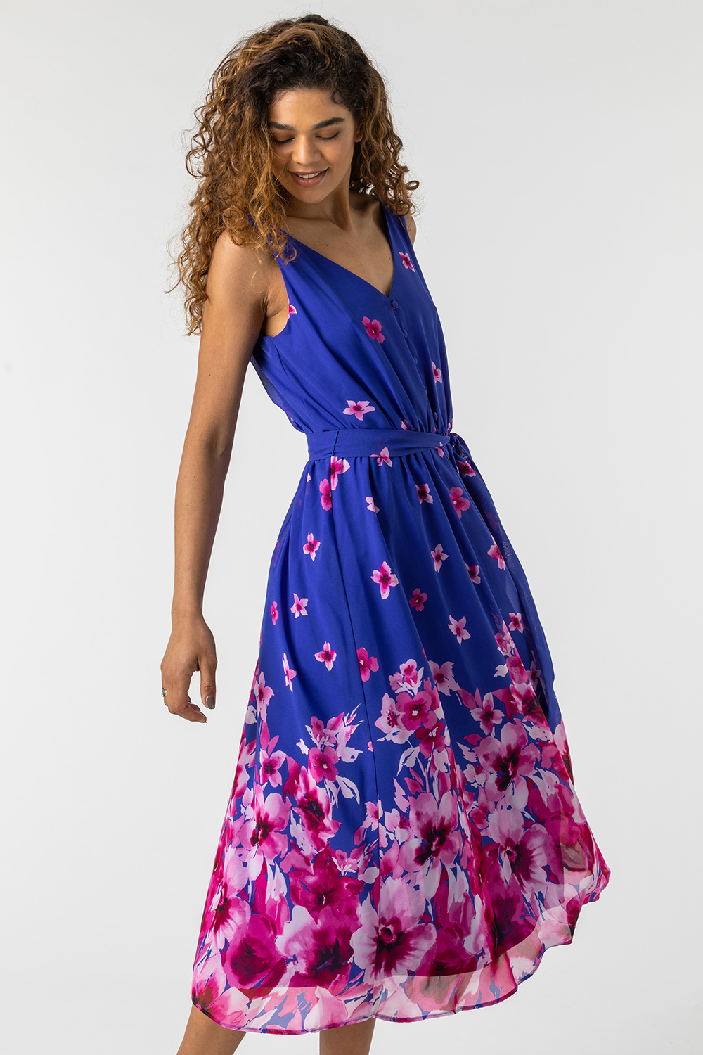 Blue Floral Print Belted Midi Dress, Image 4 of 5