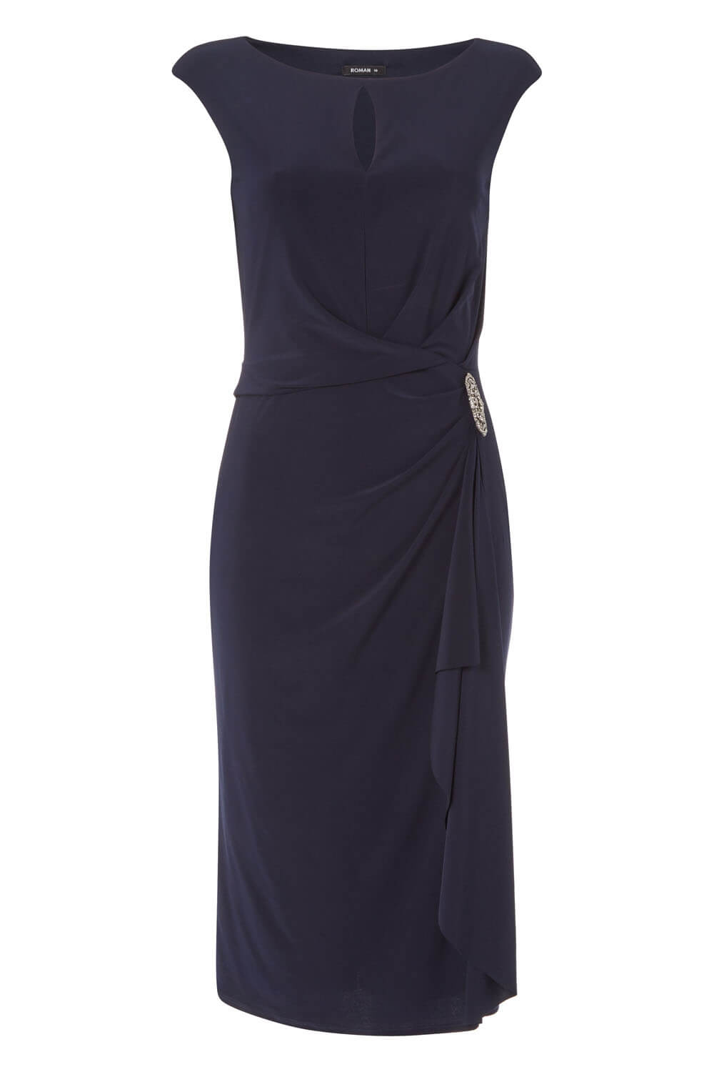 Embellished Waterfall Midi Dress in Midnight Blue - Roman Originals UK